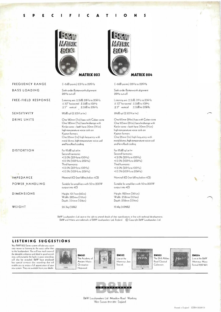 B&W 804 Matrix y B&W 803 Matrix specifications